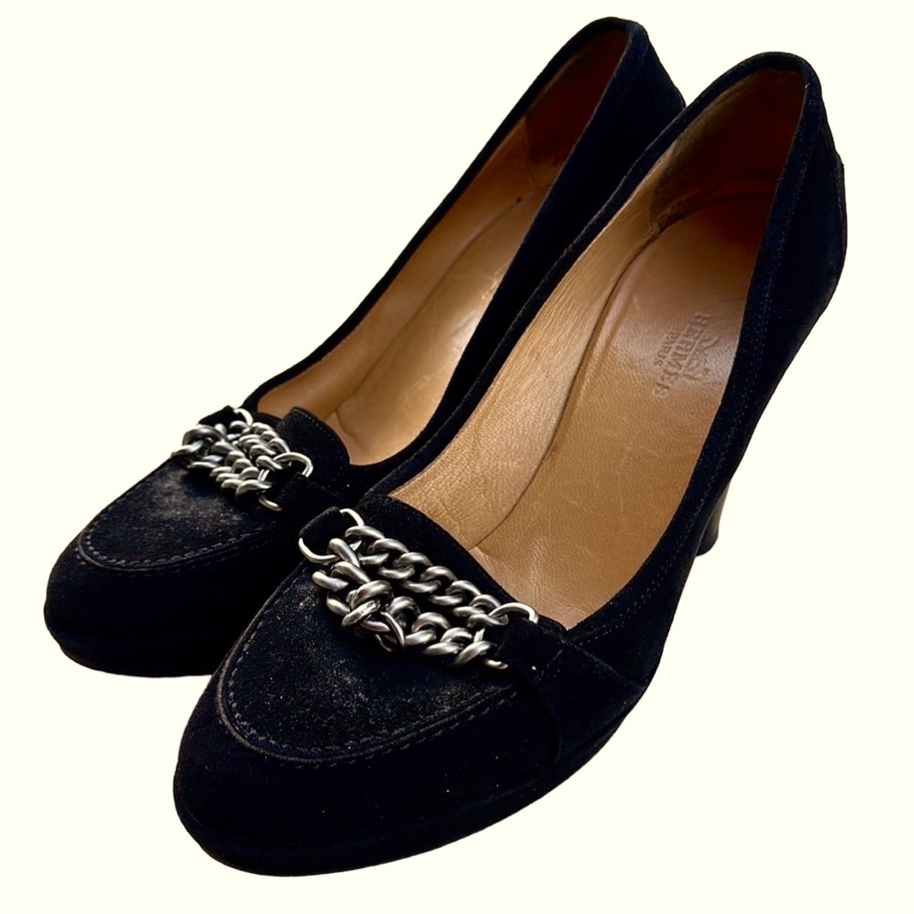 HERMES VINTAGE CHAIN BLOCK HEELS BLACK DESIGNER SUEDE